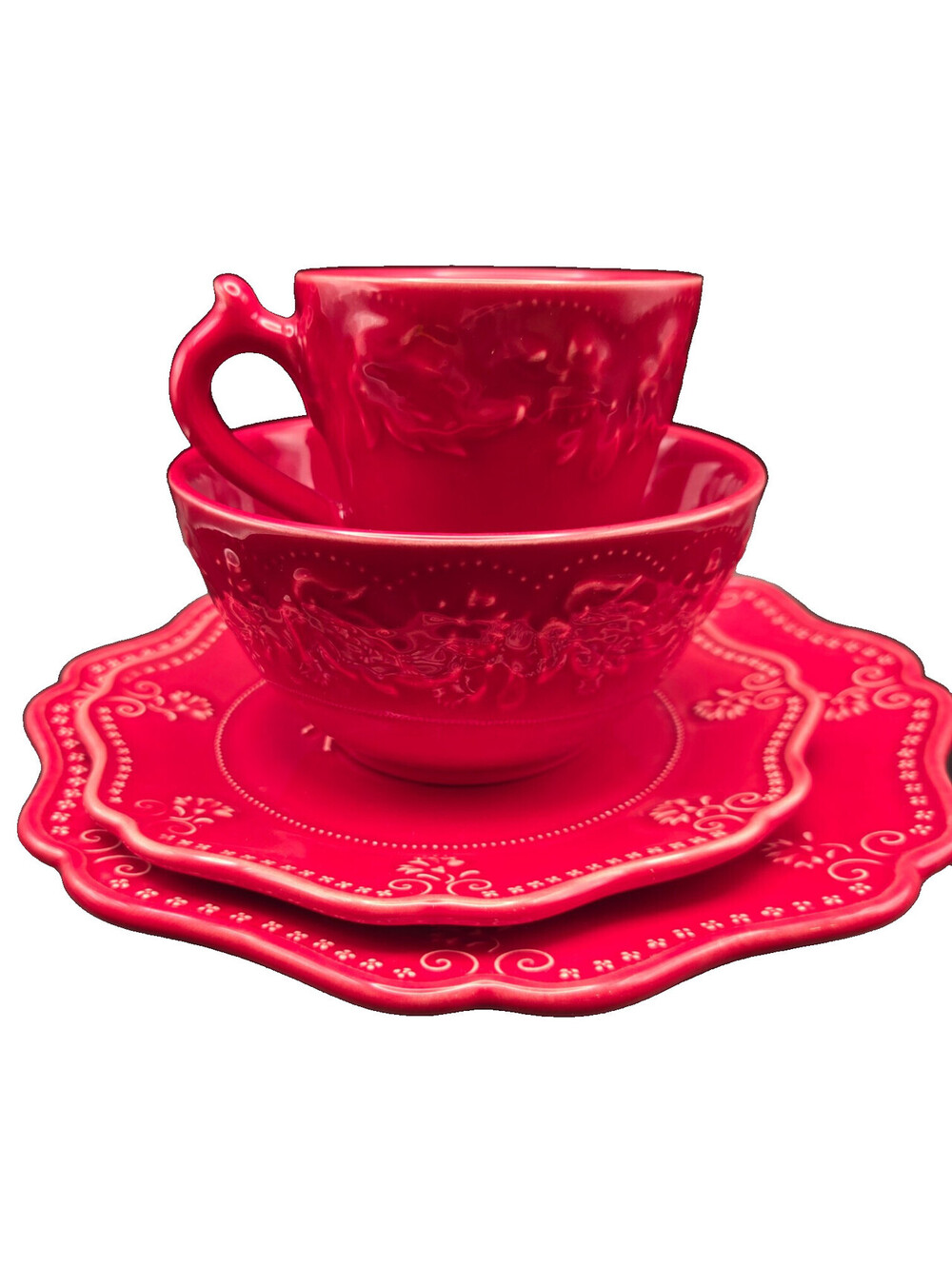 Vera Bradley 24pc Dinnerware Set Red Embossed Floral Plates Bowls Mugs NEW